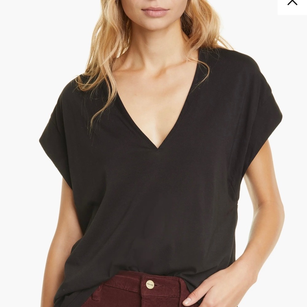 FRAME Noir Black Le Mid Rise V-Neck Tee 100% Cotton Relaxed Fit | Size L